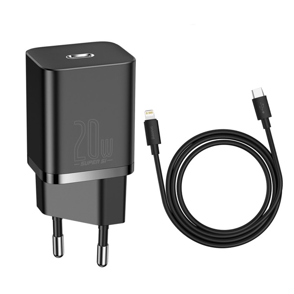 АДАПТЕР 220V QUICK CHARGE BASEUS 20W+КАБЕЛ АДАПТЕР BASEUS 220V 20W, USB-C + Type-C - Lightning, Super Si (TZCCSUP-B01