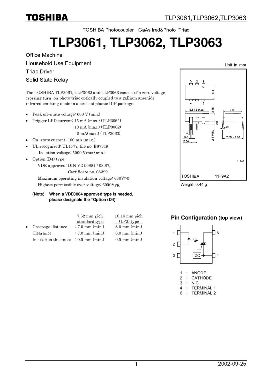 TLP3063 DIP-6 TLP3063 DIP-6 Triac & SCR Output Optocouplers Photo-IC 600V VDrm 5000 Vrms 5mA 3V